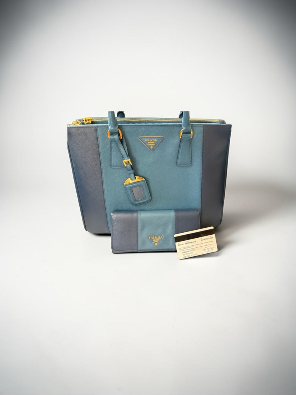 Prada Two-Tone Teal and Navy Saffiano Leather Satchel with Matching Wallet